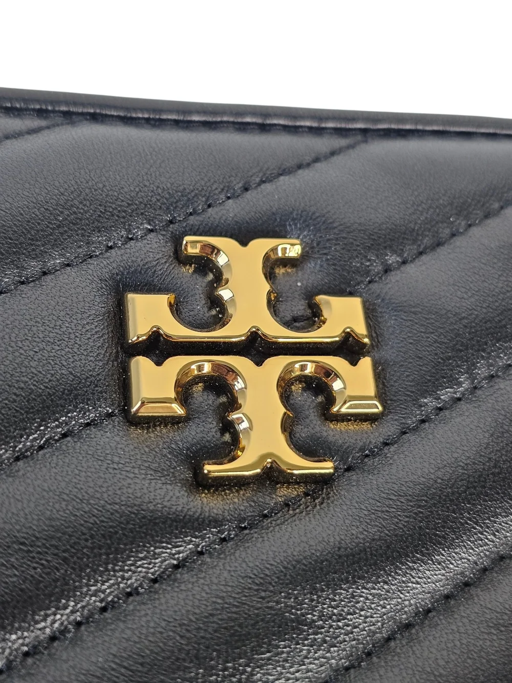 Tory Burch Kira Black Chevron Quilted Leather Zip Clutch Gold Logo
